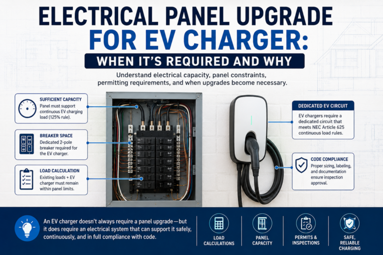 Electrical panel upgrade for EV charger showing panel capacity, breaker space, load calculation, dedicated circuit and code requirements