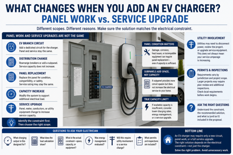 EV charger beside a residential electrical panel showing the difference between branch-circuit work, panel replacement, subpanel changes, and a full electrical service upgrade