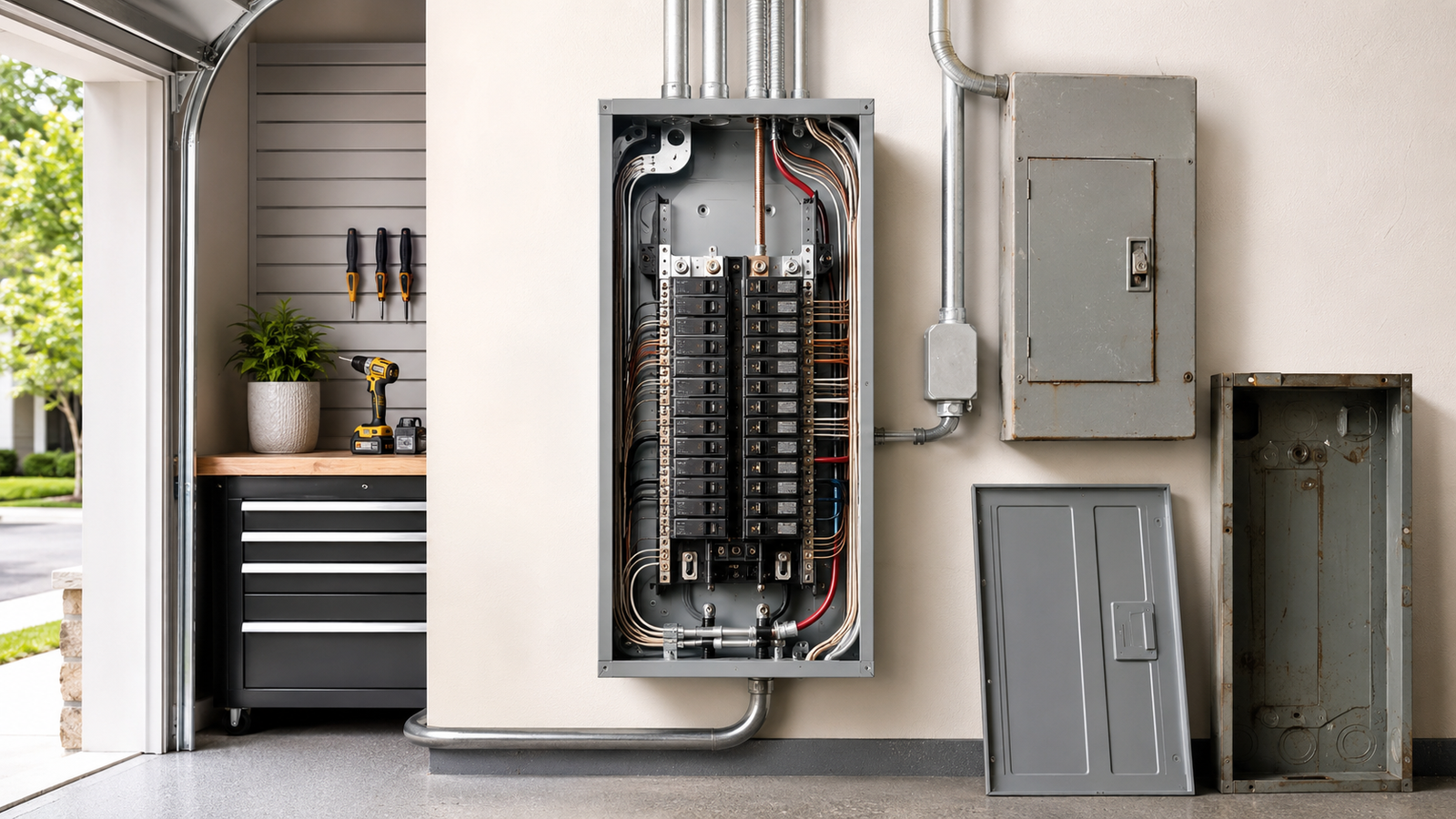 Modern residential electrical panel beside removed older panel equipment during an electrical panel replacement project