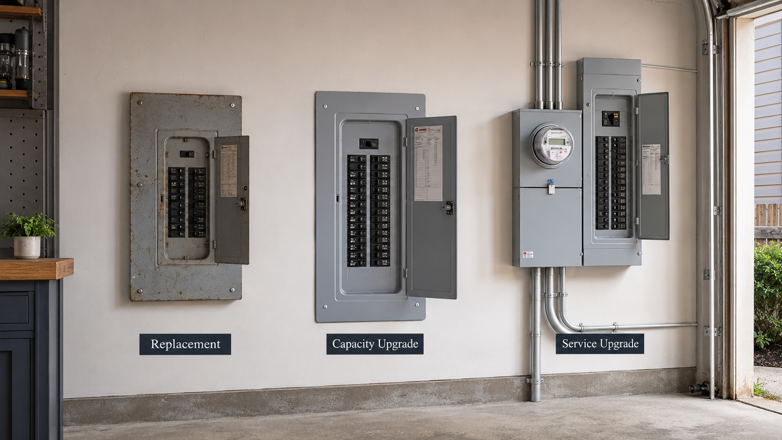 Side-by-side residential electrical panels showing panel replacement, capacity upgrade, and service upgrade differences