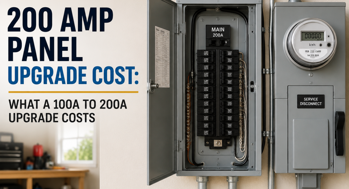 200 amp electrical panel with meter and service disconnect illustrating a 100 amp to 200 amp home electrical upgrade
