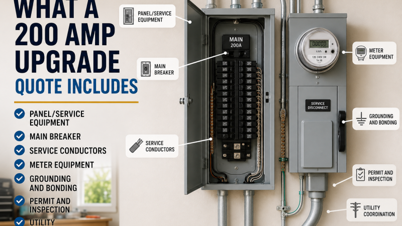 200 amp electrical panel, meter, service conductors, grounding, permit and utility items included in an upgrade quote