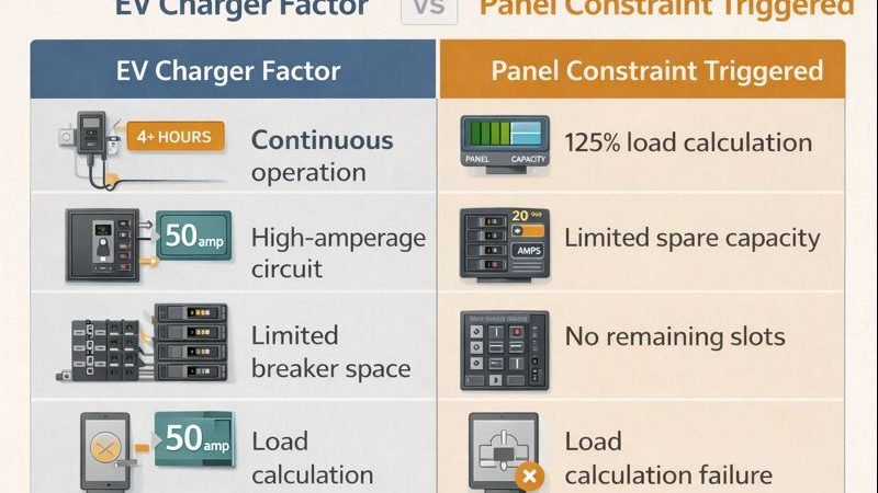Electrical panel showing a dedicated two-pole breaker installed for EV charger circuit capacity requirements.