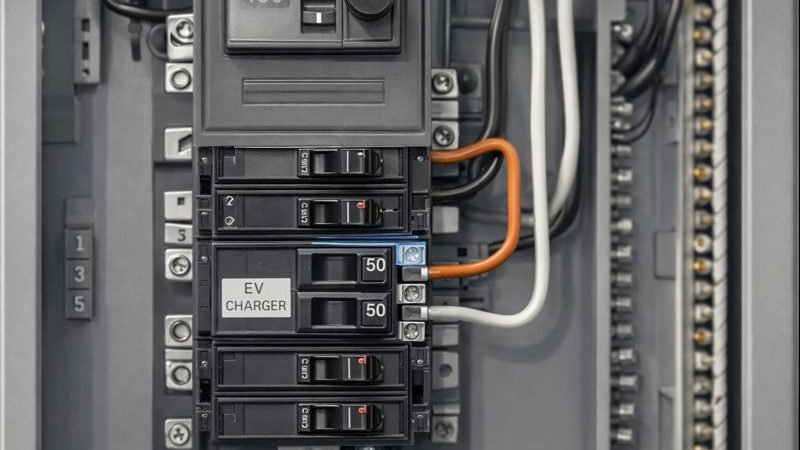 Electrical panel showing a dedicated two-pole breaker installed for EV charger circuit capacity requirements.