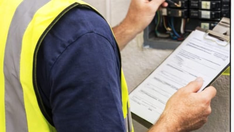 Electrical inspector verifying breaker labeling and grounding during a permitted panel upgrade inspection.