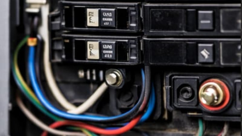 Electrical panel with a tripped circuit breaker, indicating possible capacity strain and a common warning sign of electrical panel issues.