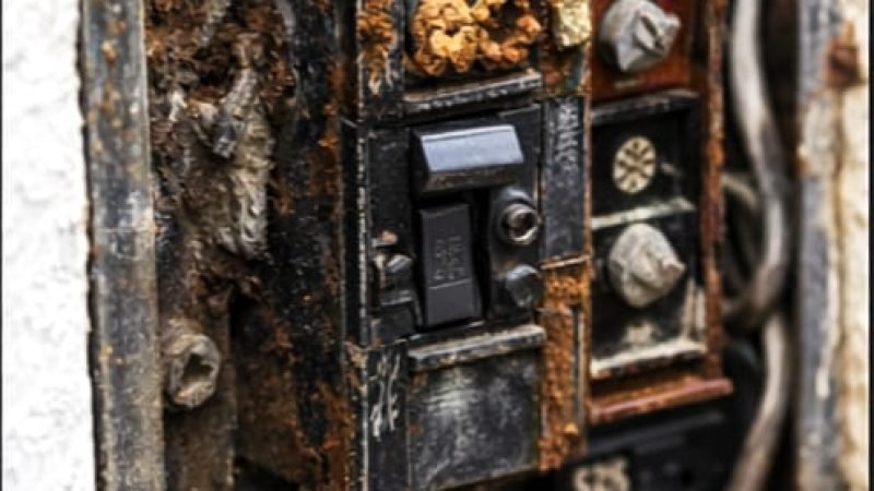 Corroded electrical panel with visible rust and moisture damage, a diagnostic safety indicator that may require further evaluation.