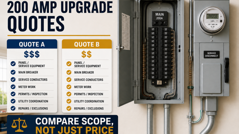Side-by-side comparison of two 200 amp electrical upgrade quotes showing panel, meter, service, permit, utility and repair scope